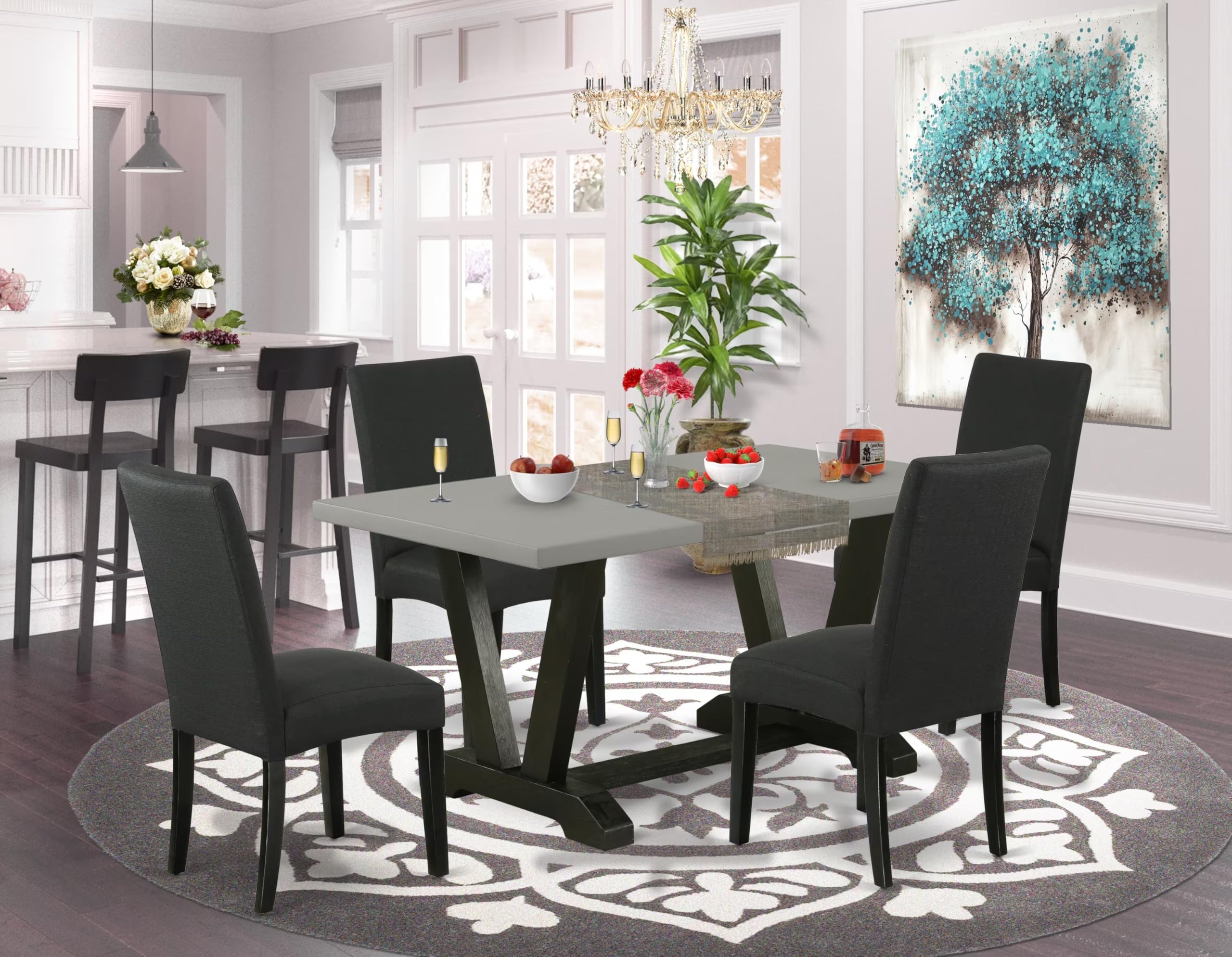 East West Furniture V696Dr124-5 5 Piece Kitchen Table Set For 4 Includes A Rectangle Dining Room Table With V-Legs And 4 Black Color Linen Fabric Upholstered Chairs, 36X60 Inch, Multi-Color